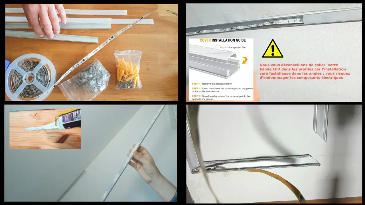 Guide pour comment installer un ruban led : profilés, bande LED, clips, vis et chevilles. Instructions pour clipser le cache.