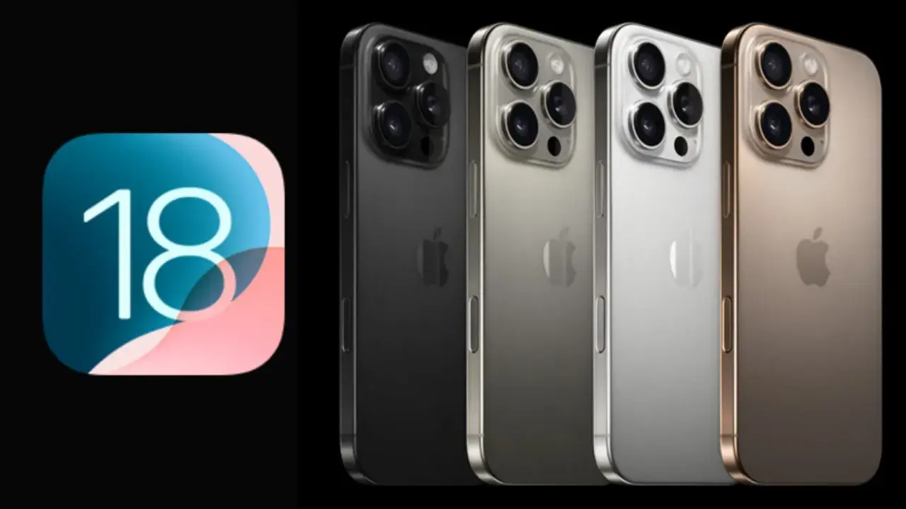 Ikony z numerem 18 i cztery iPhone'y w różnych kolorach: czarnym, szarym, srebrnym i złotym. Nadchodzi iOS 18.