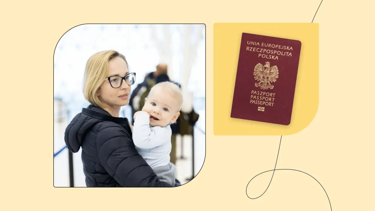 Kobieta z dzieckiem w ramionach i polski paszport dla niemowlaka.