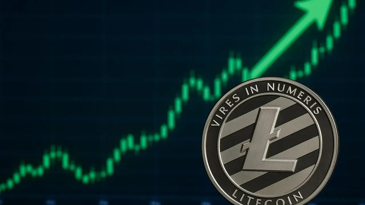 Moneta Litecoin na tle wykresu wzrostowego. Zielona strzałka w górę sugeruje optymistyczne litecoin prognozy.