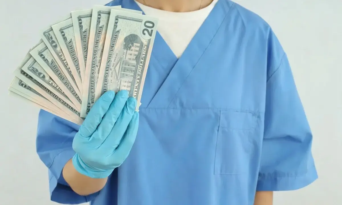 Higienistka stomatologiczna w niebieskim fartuchu pokazuje wachlarz banknotów 20 dolarowych. Zarobki netto mogą być satysfakcjonujące.