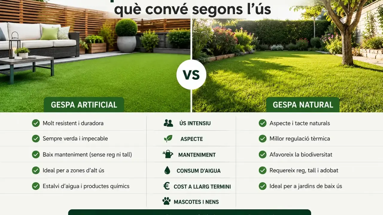 Comparativa de cesped artificial o natural, mostrando sus ventajas y desventajas para diferentes usos.