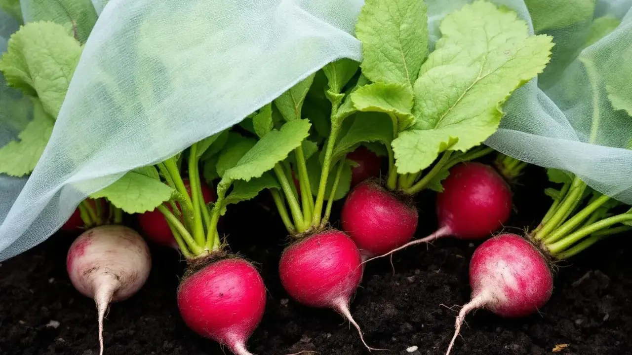 Des radis rouges et blancs, prêts à être récoltés, poussent sous un voile protecteur. Une belle réussite pour semer des radis en jardinière.