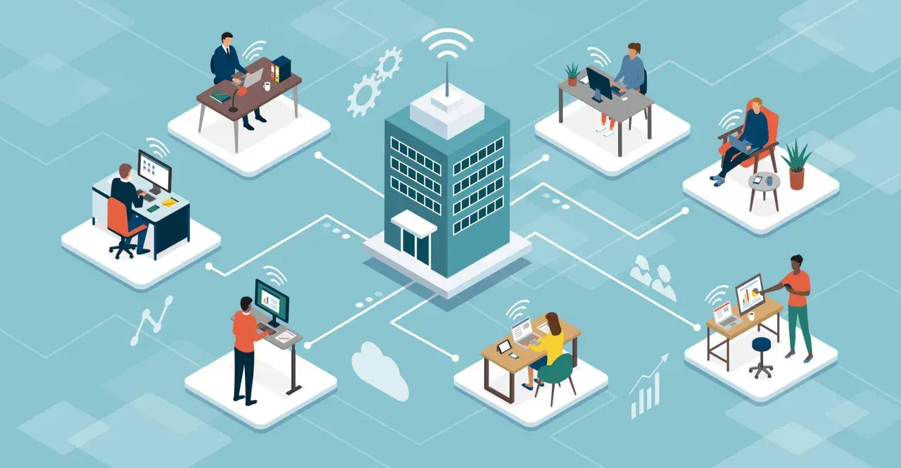 Illustration d'un bureau central connecté à plusieurs employés en télétravail. Le nombre de jours maximum de télétravail dans le secteur privé est représenté par ce réseau.