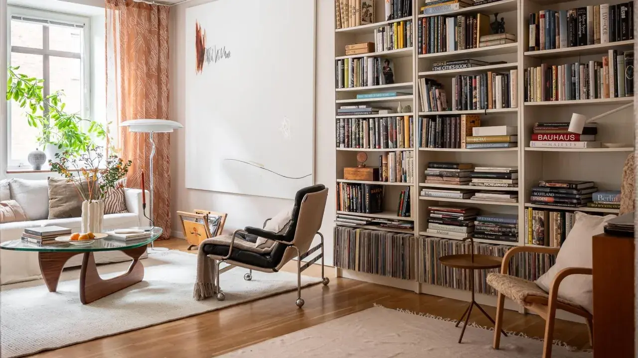 Acogedora sala de estar con una estantería repleta de libros, vinilos y objetos decorativos. La **decoración de librería** se integra perfectamente con el mobiliario moderno y la luz natural.