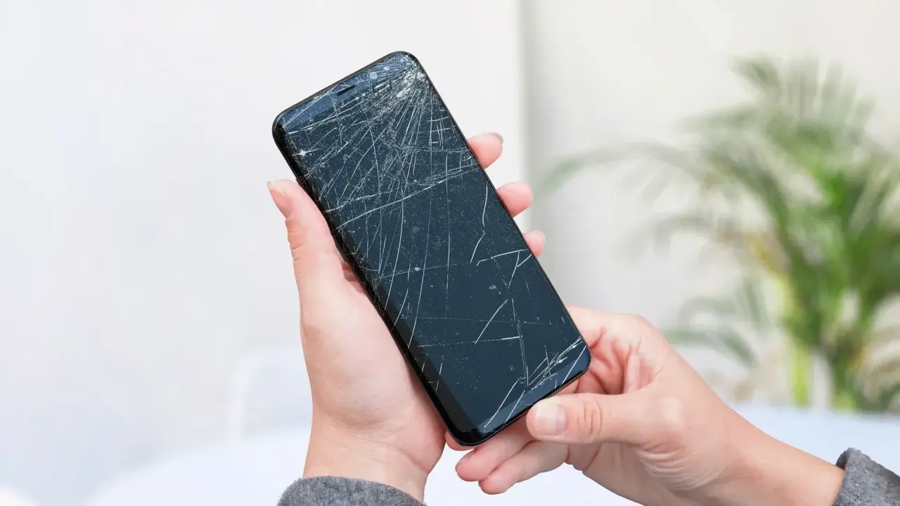 Dłoń trzyma pęknięty telefon, czekając na wymianę ekranu.