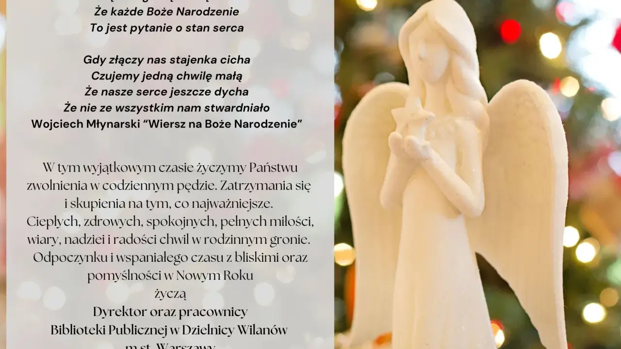 Aniołek z gwiazdką na tle choinki. Piękne wiersze na Boże Narodzenie od Biblioteki Publicznej w Dzielnicy Wilanów.