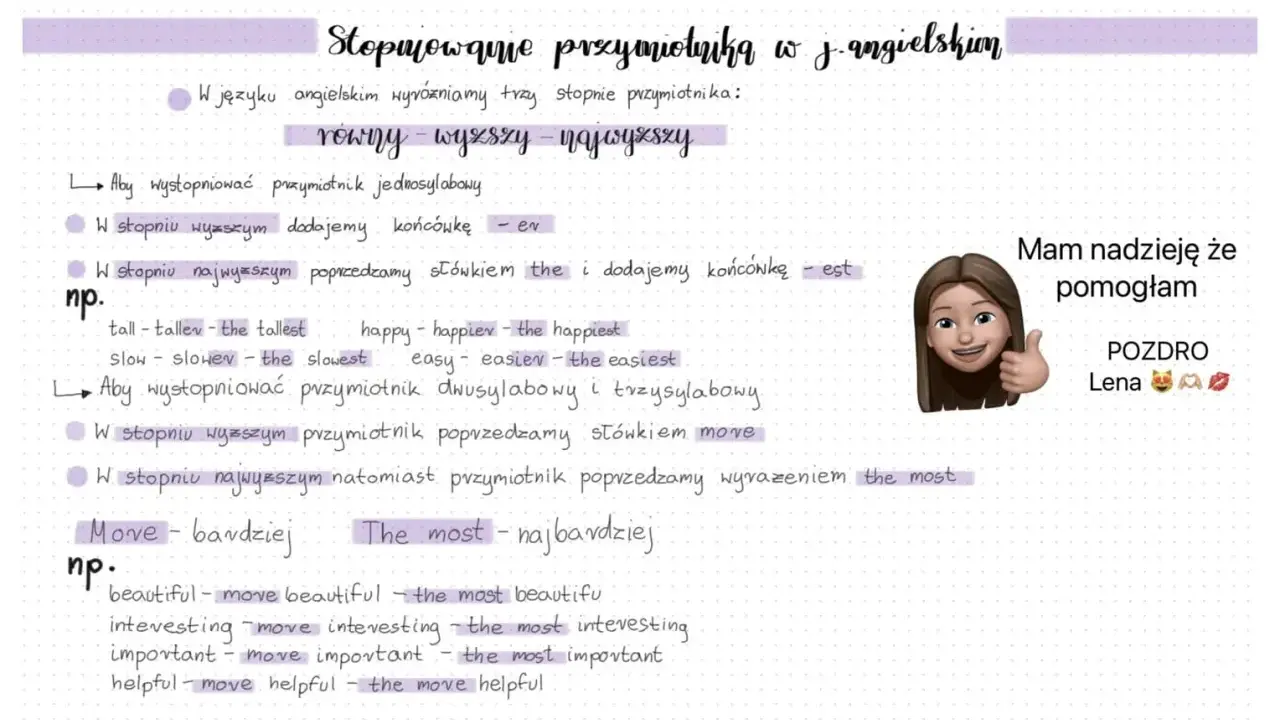 Stopniowanie przymiotników w j. angielskim: easy, easier, the easiest. Wyjaśnienie stopniowania przymiotników jednosylabowych i wielosylabowych.