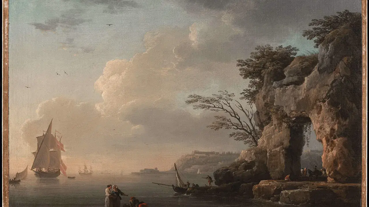 Ein romantisches landschaftsbild kunst mit Segelschiffen, Felsen und Menschen am Ufer.