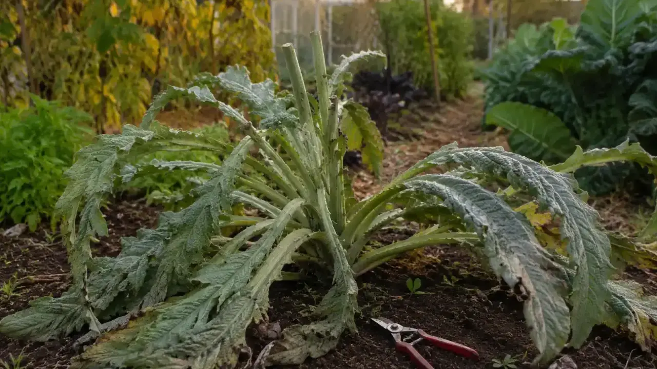 Un pied d'artichaut après récolte, prêt à être taillé. Que faire des pieds d'artichauts après la récolte ? Le jardinier peut les couper pour l'hiver.