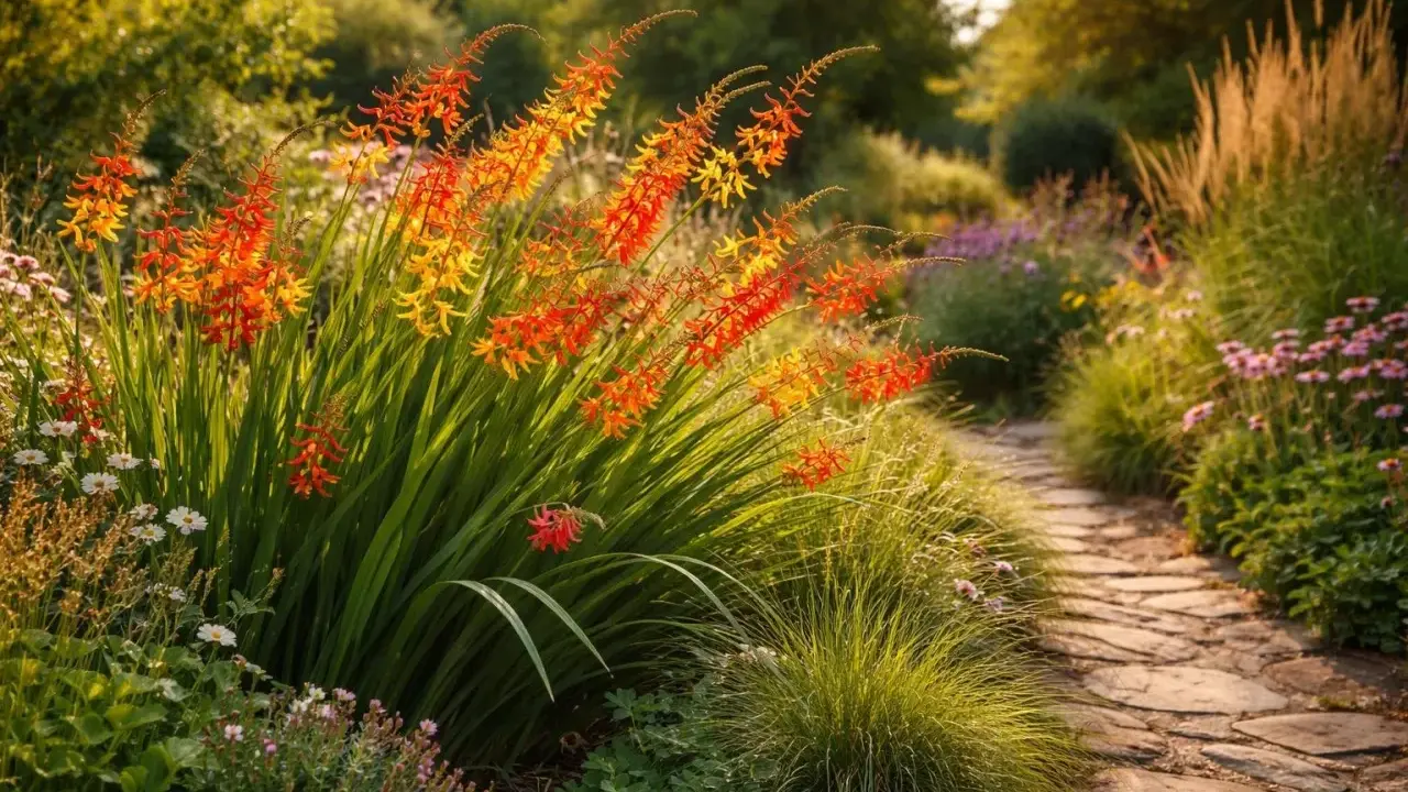 Ein sonniger Gartenweg führt vorbei an leuchtend orange-gelben Blütenrispen von montbretien winterhart, umgeben von Gräsern und zarten Blüten.