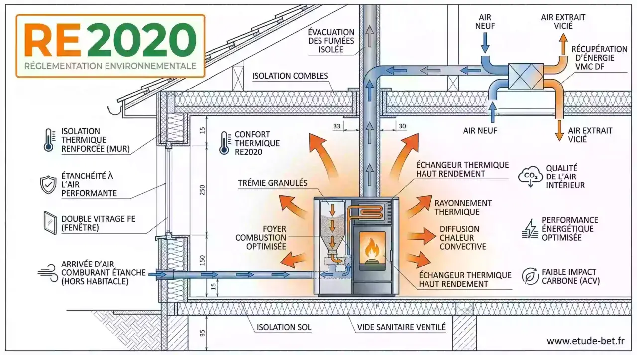 Schéma du poêle à granulé fonctionnement : alimentation, combustion, diffusion de chaleur, évacuation des fumées et récupération d'énergie.