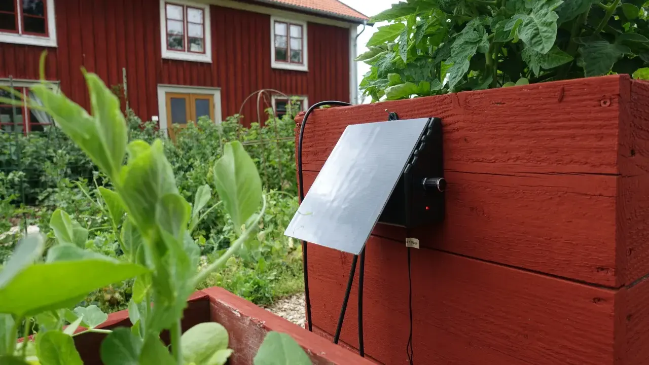 En solcellsdriven bevattning är monterad på en röd träkista i en trädgård, med ett rött hus i bakgrunden.