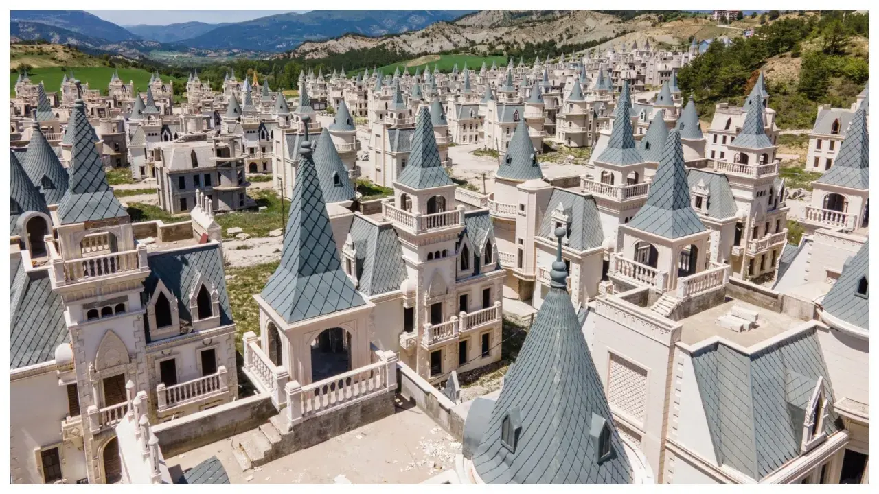 Un villaggio di case a forma di castello, Burj Al Babas, con tetti a punta grigi e facciate bianche, immerso in un paesaggio collinare.
