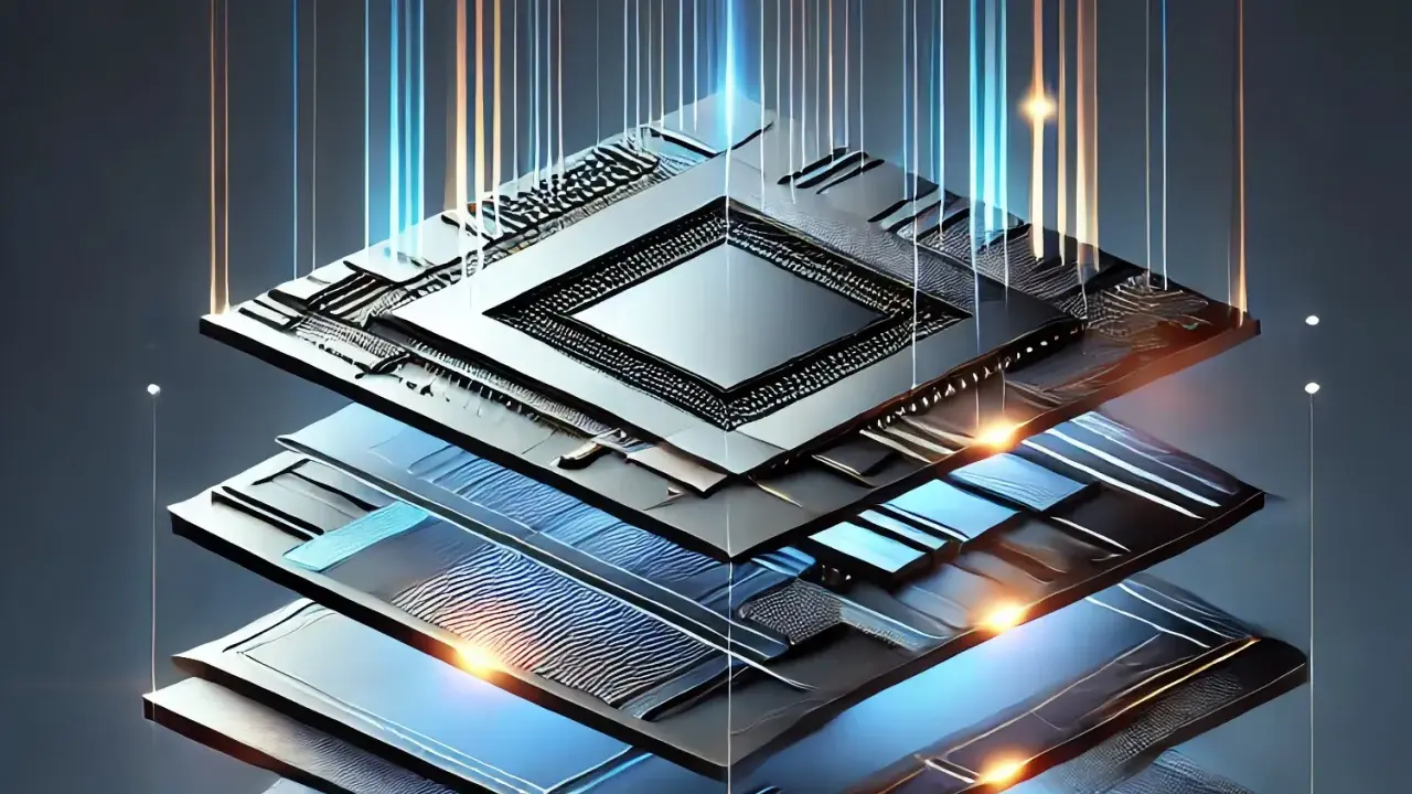 Strati di un sensore CMOS con circuiti complessi e fasci di luce che salgono, simboleggiando l'elaborazione dati.