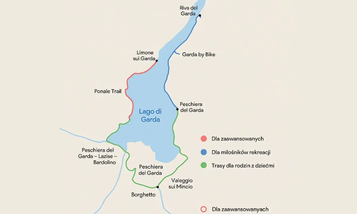 Mapa tras rowerowych wokół jeziora Garda. Różne kolory oznaczają trasy dla zaawansowanych, rekreacyjne i rodzinne.