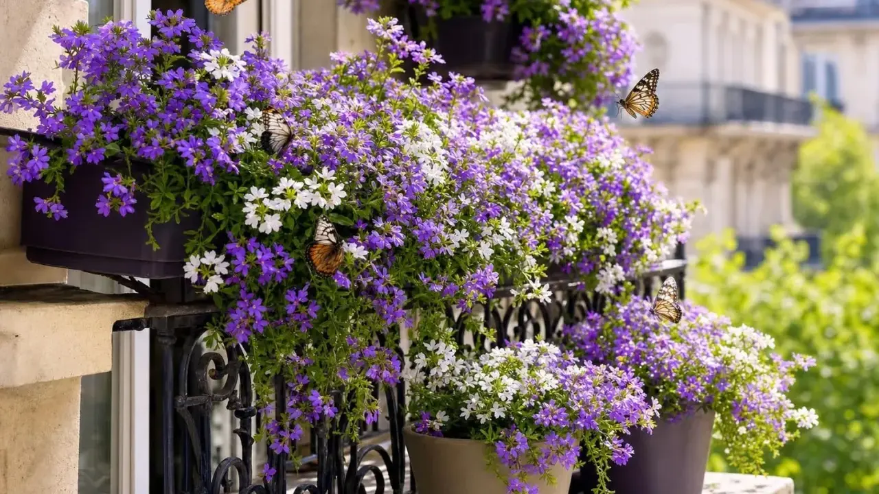 Des papillons butinent des lilas en pot sur un balcon parisien.