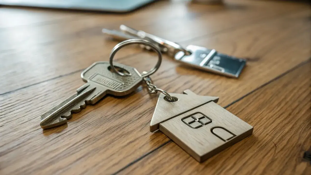 Clés avec un porte-clés en forme de maison en bois, symbolisant l'accession à la propriété.