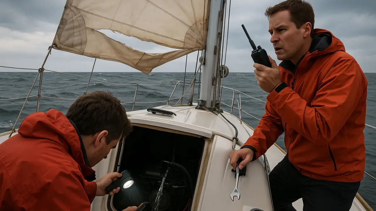 Deux hommes tentent de réparer un voilier en pleine mer. L'un utilise une lampe torche pour inspecter le moteur, tandis que l'autre communique par radio. Un **accident voilier** semble avoir eu lieu.