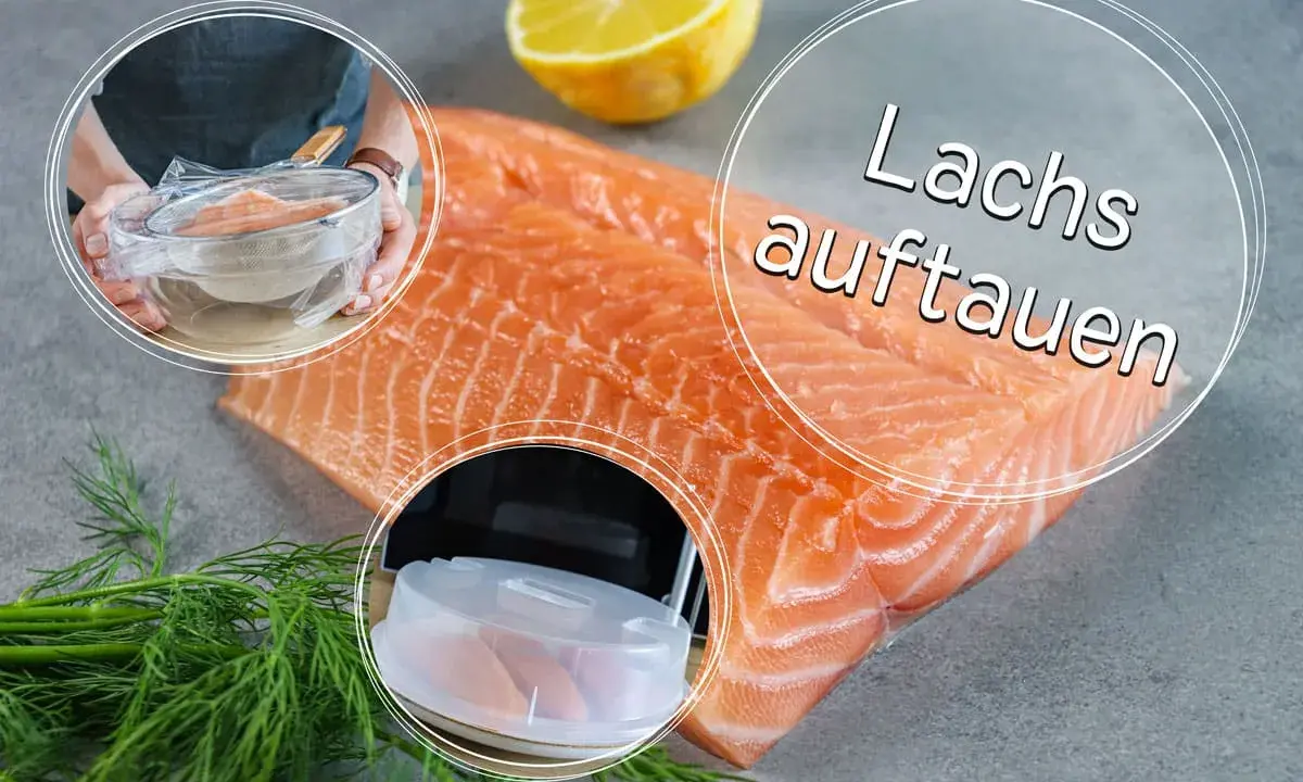 Frischer Lachs liegt bereit zum Auftauen. Eine Zitrone und Dill garnieren die Szene.