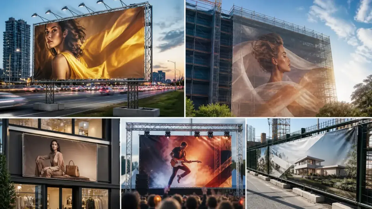Wielkoformatowe banery reklamowe i drukowanie etykiet samoprzylepnych: reklama mody, koncert rockowy, nowoczesny dom i budowa.