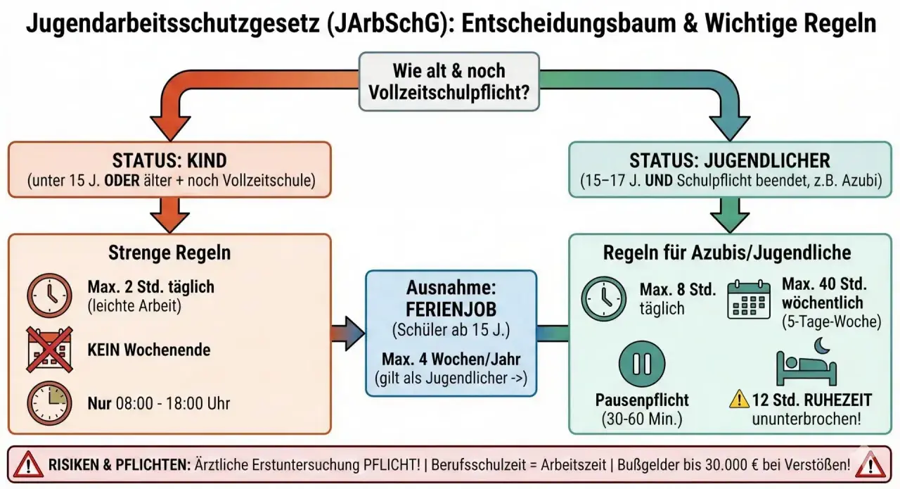 Entscheidungsbaum zum Jugendarbeitsschutzgesetz: Regeln für Schüler, die während der Schulzeit arbeiten, je nach Alter und Schulpflicht.
