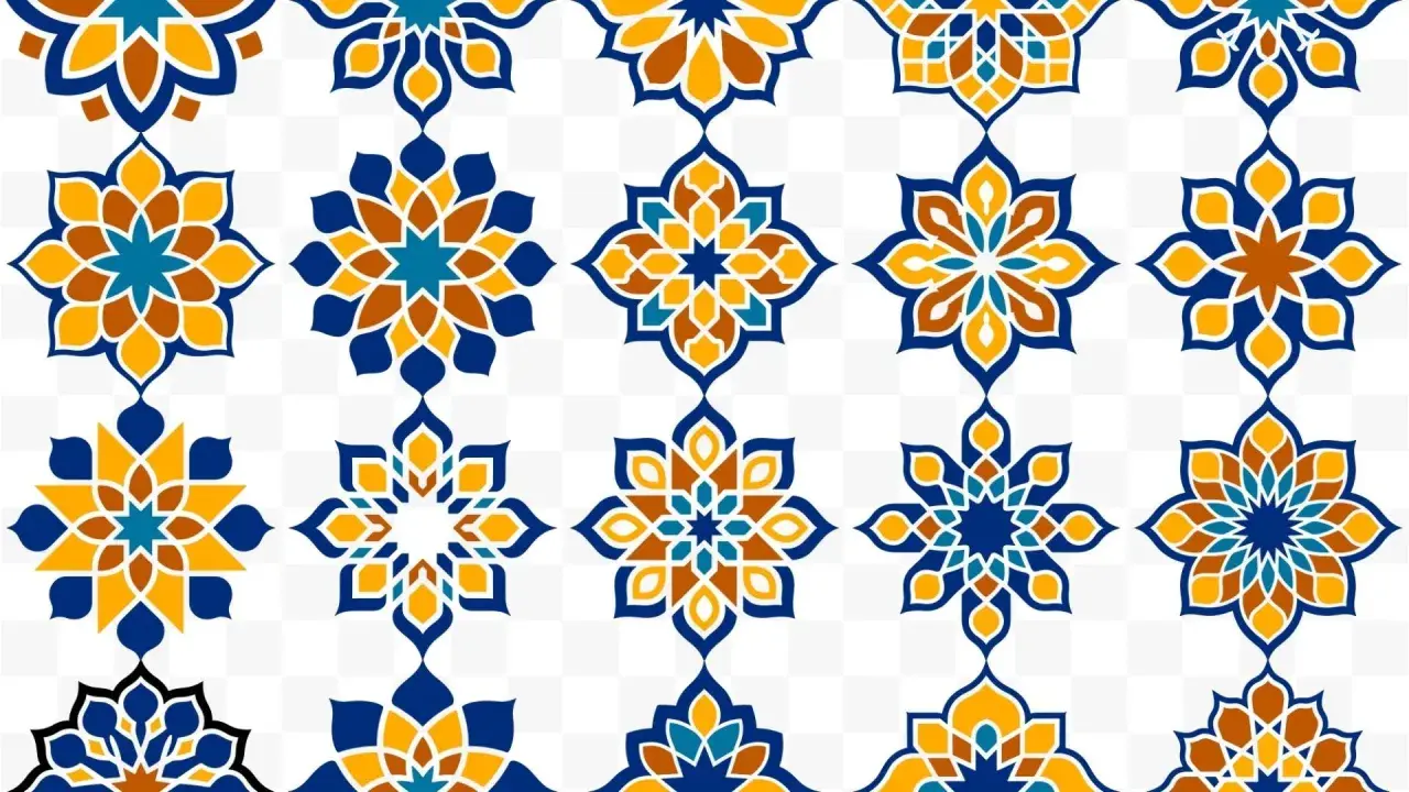 Eine Sammlung von geometrischen, sternförmigen Ornamenten in Blau, Gelb und Braun, die an ein islamisches Muster erinnern.