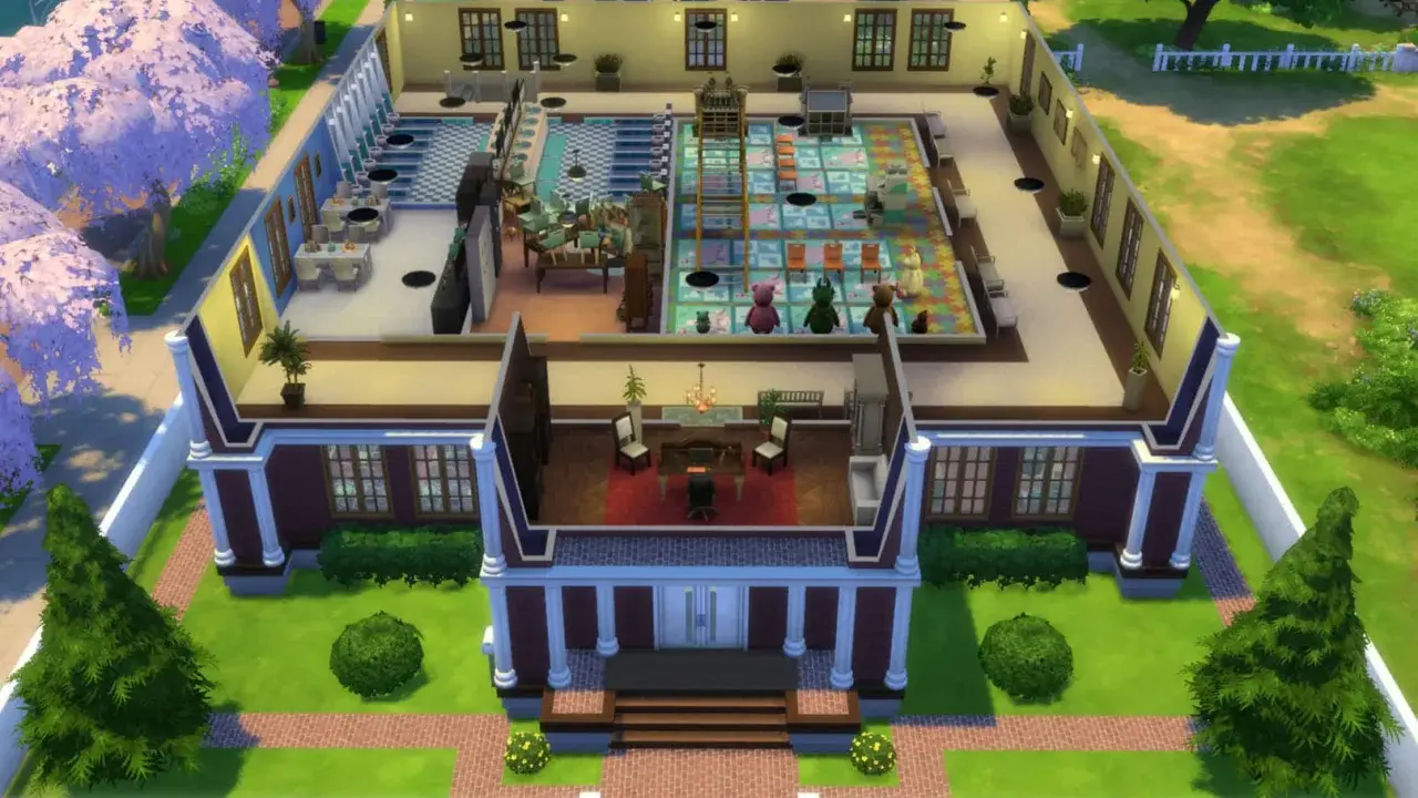 Willa z The Sims 4, pełna kolorowych pokoi i uroczych pluszaków, idealna do pokazania najlepszych modów do The Sims 4.