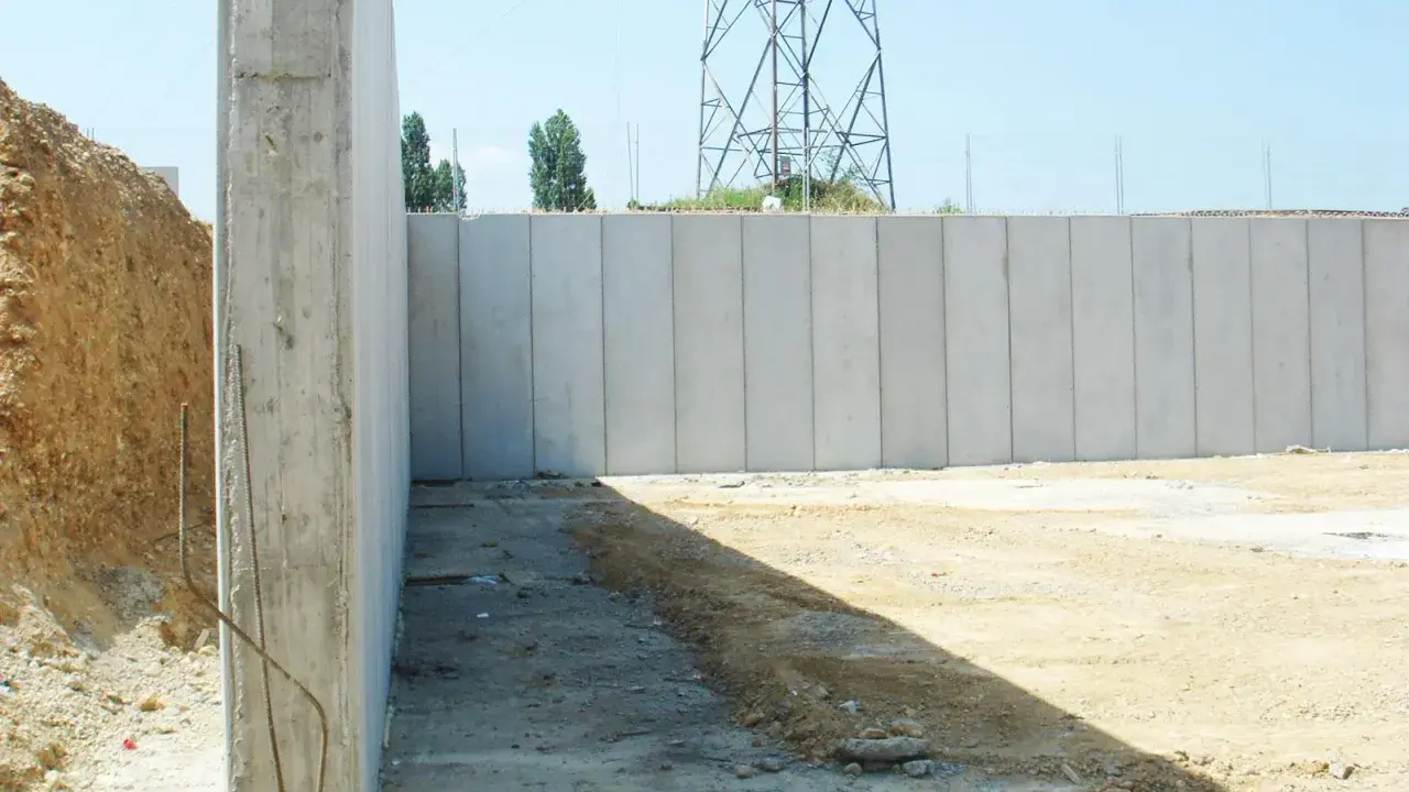 Construcción de muros de contención de hormigón prefabricados, con una torre de alta tensión al fondo.