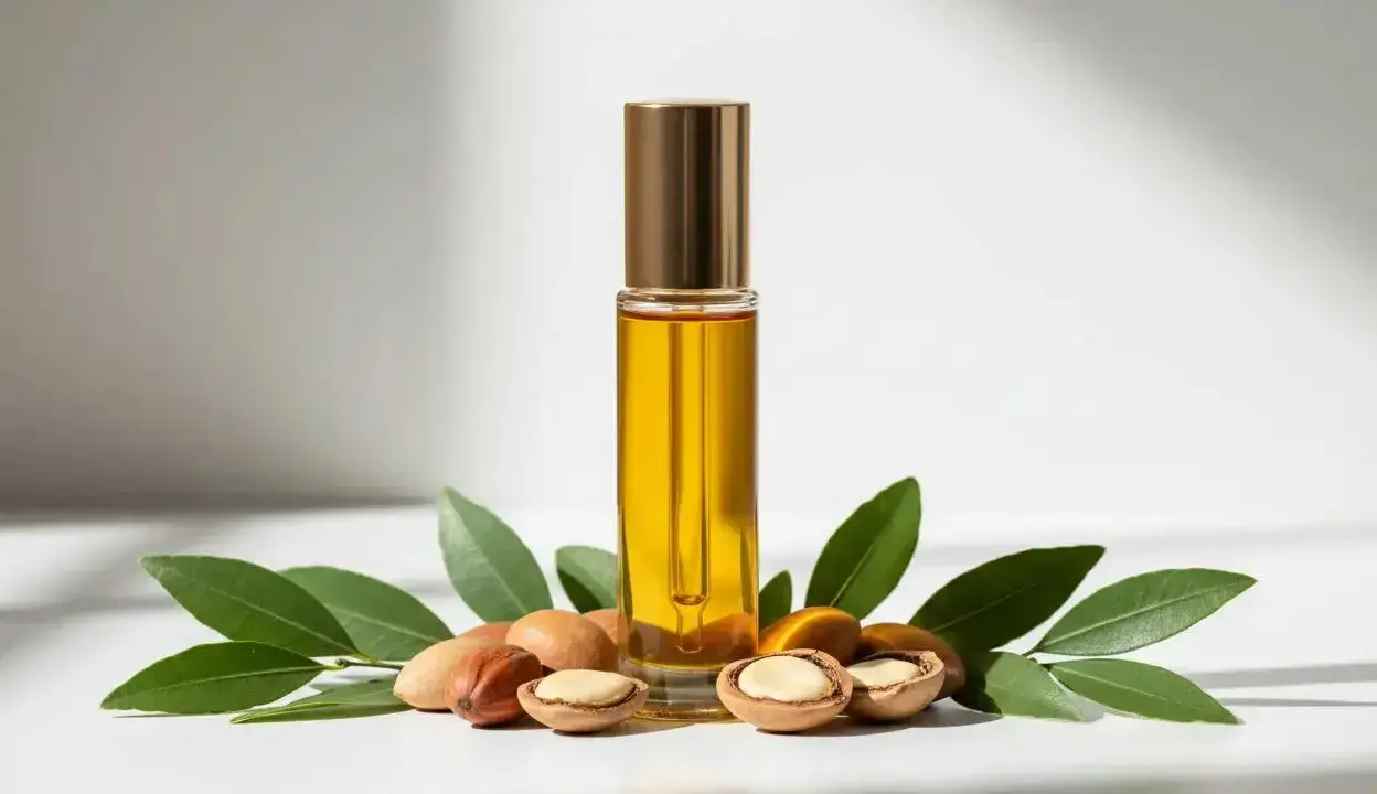 Flacon d'huile d'argan visage doré, entouré de noix d'argan et de feuilles vertes. Un élixir naturel pour sublimer votre peau.