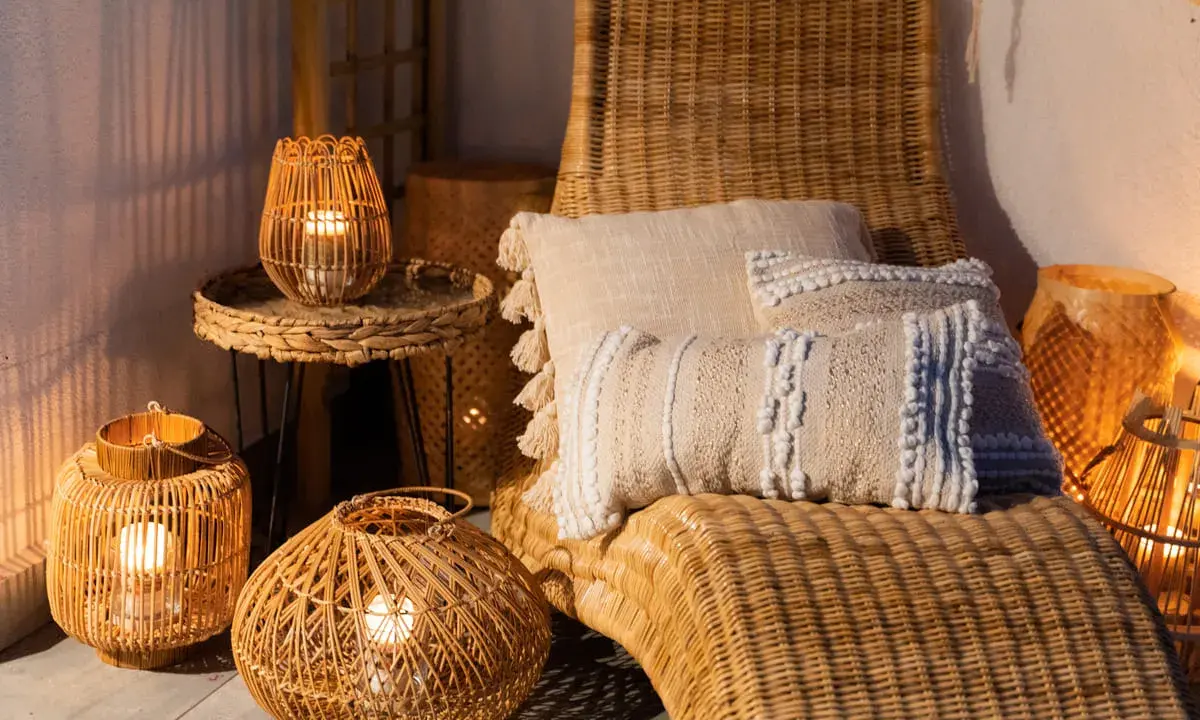 Przytulny balkon w stylu boho z wiklinowymi latarenkami, poduszkami i leżakiem.