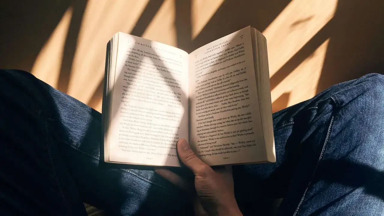 Mani che sfogliano un libro aperto, illuminato da raggi di sole. Un momento di pace e consigli libri.