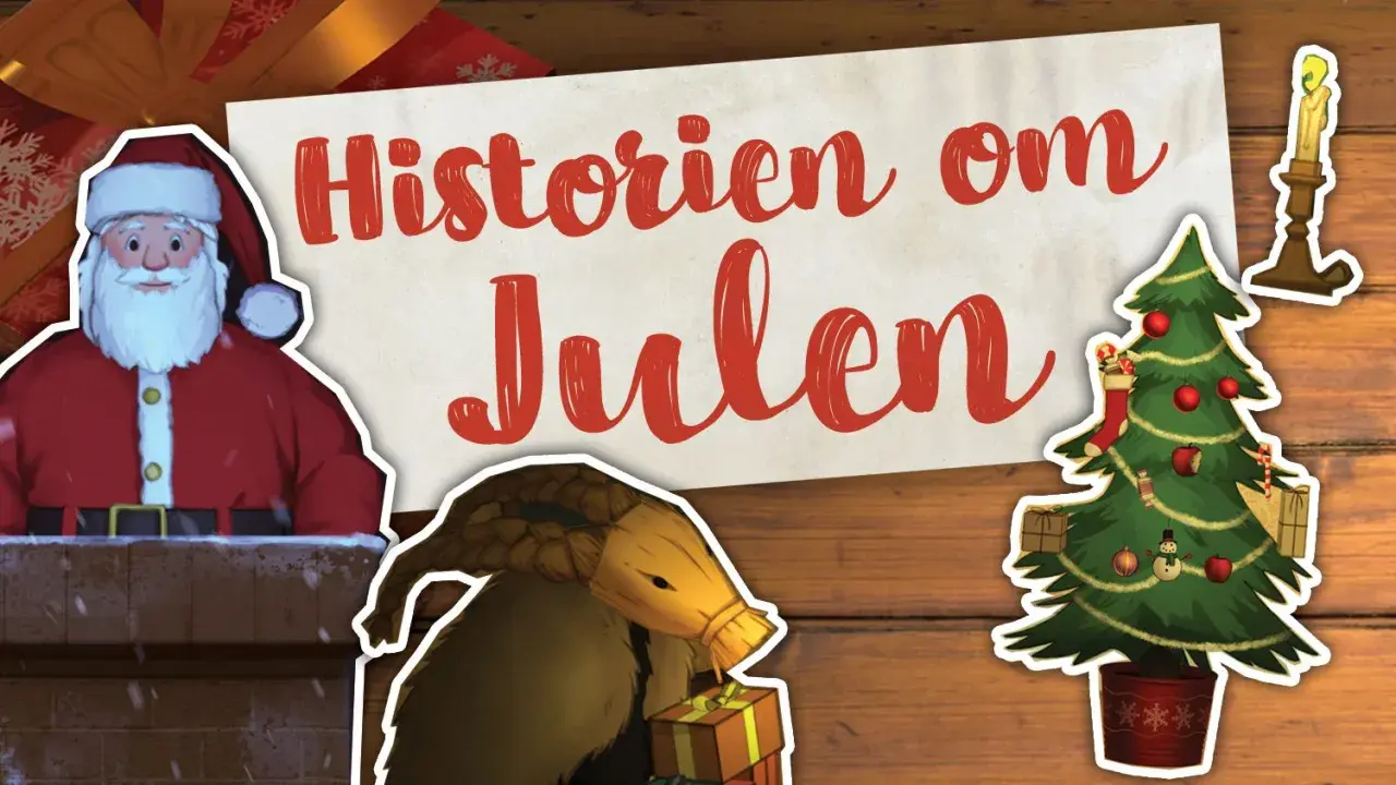 Jultomten tittar fram ur en skorsten. Texten "Historien om Julen" och en julgran med presenter. Fakta om jultomten.