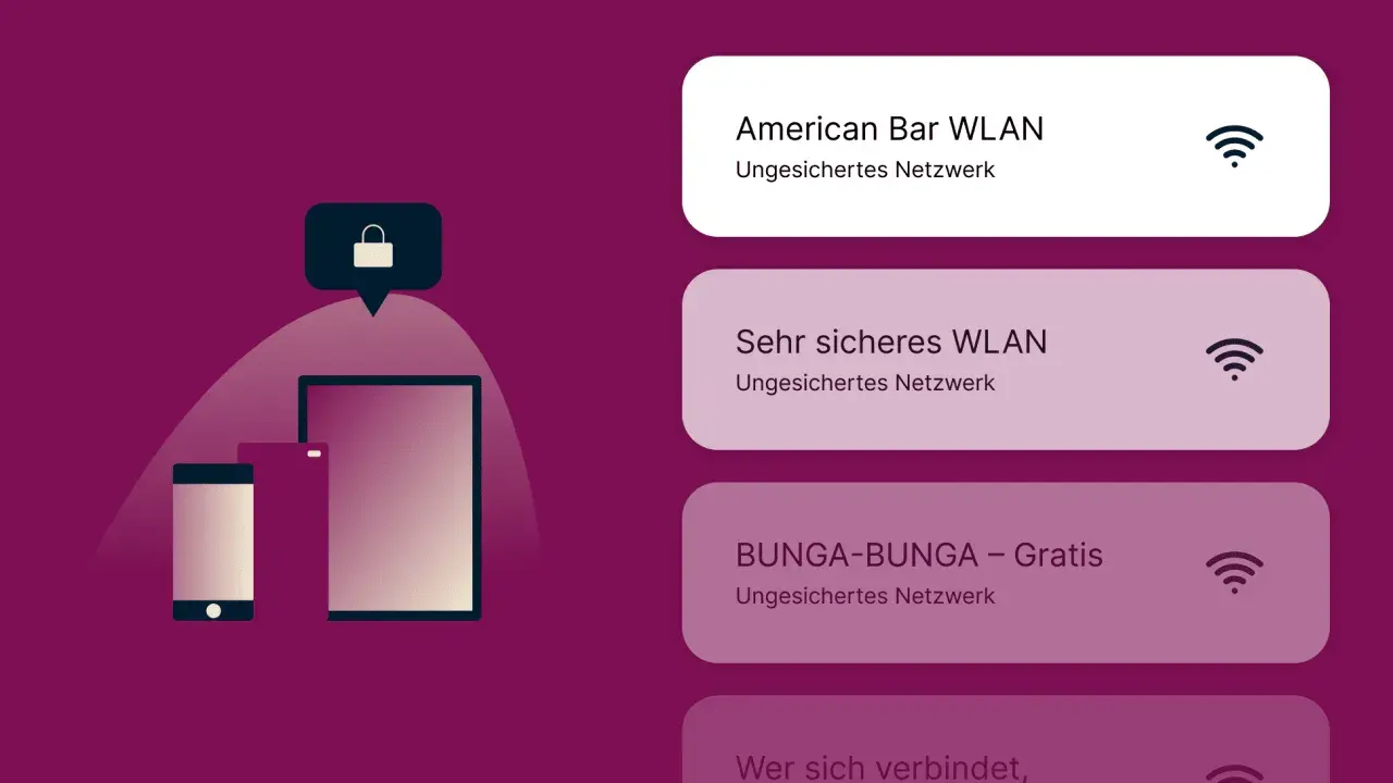 Benachrichtigungen für WLAN-Netzwerke: "American Bar WLAN", "Sehr sicheres WLAN", "BUNGA-BUNGA – Gratis" und "Wer sich verbindet, ist verloren".