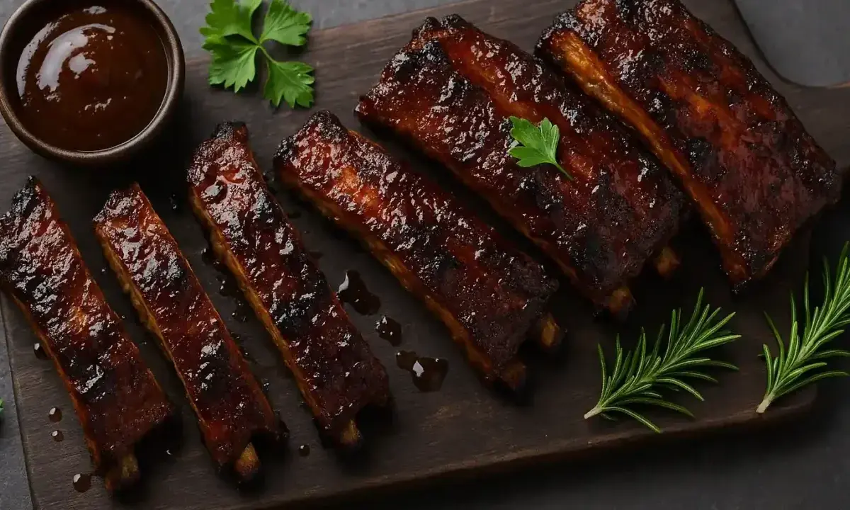 Délicieux ribs de porc laqués, servis sur une planche en bois avec une sauce barbecue et des herbes fraîches.