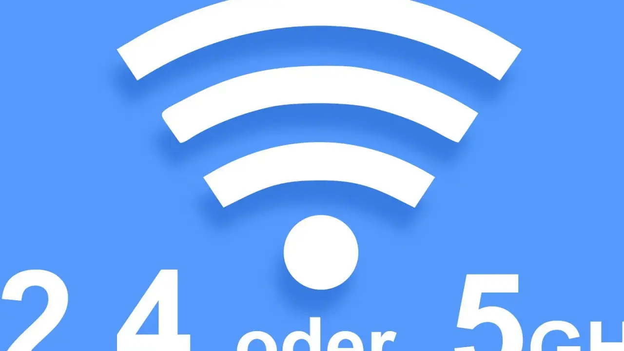 WLAN-Symbol mit der Frage: 2,4 GHz oder 5 GHz? Schnelles Internet für zuhause.