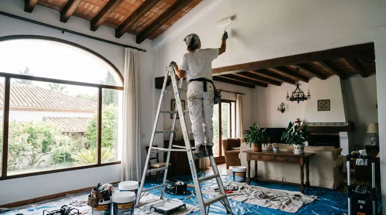 Persona en escalera aplica pintura blanca en techo, parte de un proyecto de alisado de paredes.