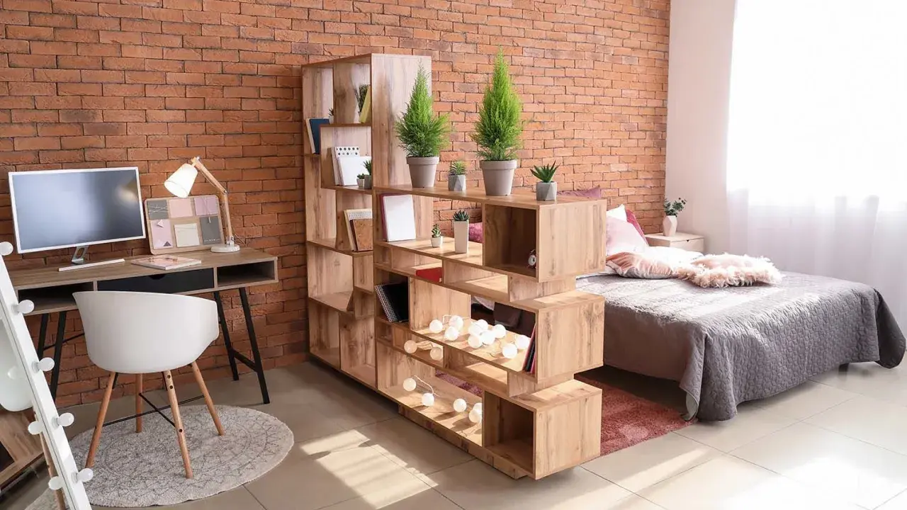 Étagère modulable pour séparer une pièce en deux sans travaux. Elle crée un espace bureau et un coin nuit cosy.