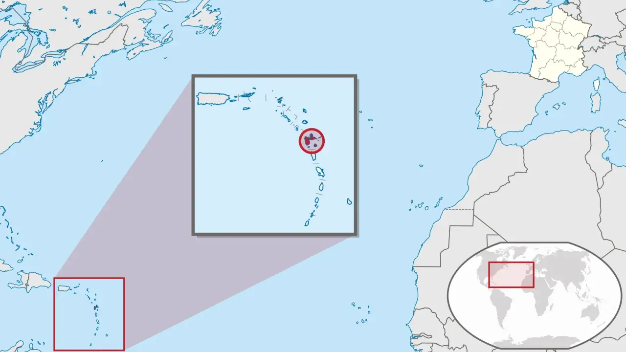 Mapa pokazuje, gdzie leży Gwadelupa, w archipelagu Małych Antyli, na Morzu Karaibskim.
