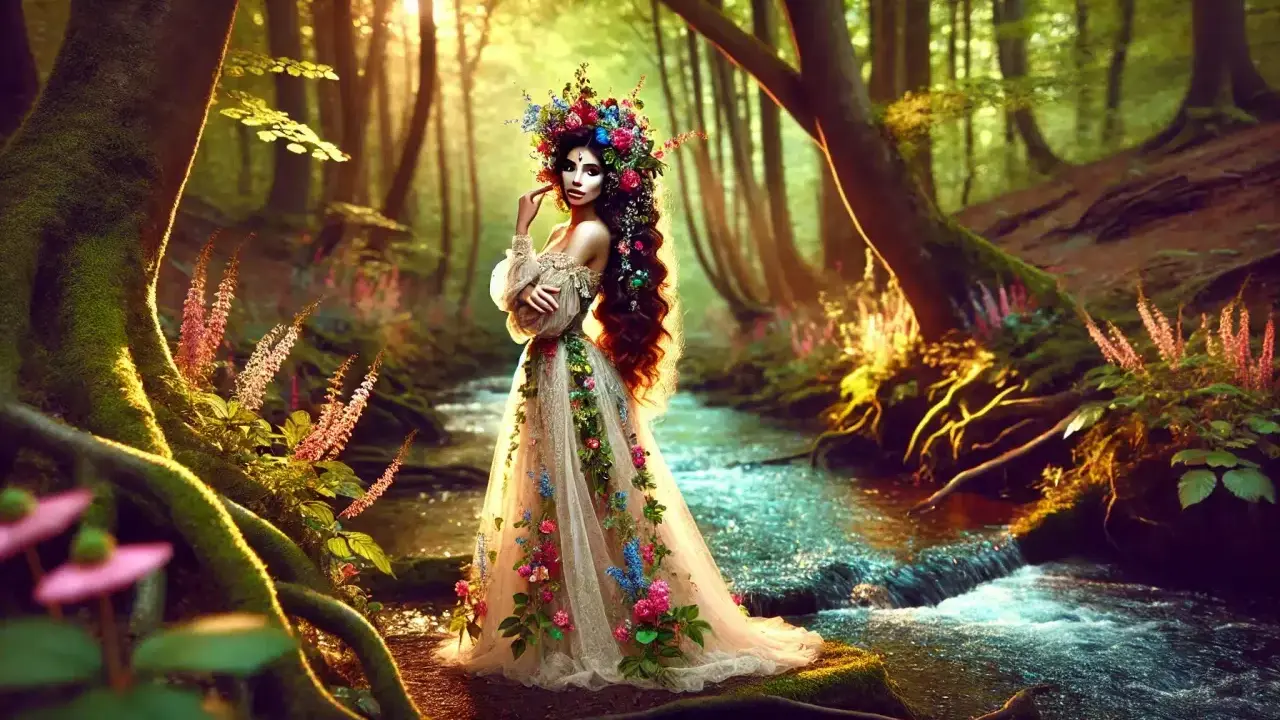 Eine Nymphe, die die Bedeutung von Natur und Schönheit verkörpert, steht in einem blumenbedeckten Kleid an einem Bach im Wald.