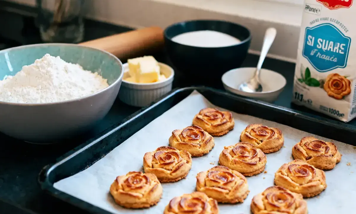 Douze biscuits dorés en forme de rose des sables sur une plaque de cuisson, entourés d'ingrédients pour la pâtisserie.