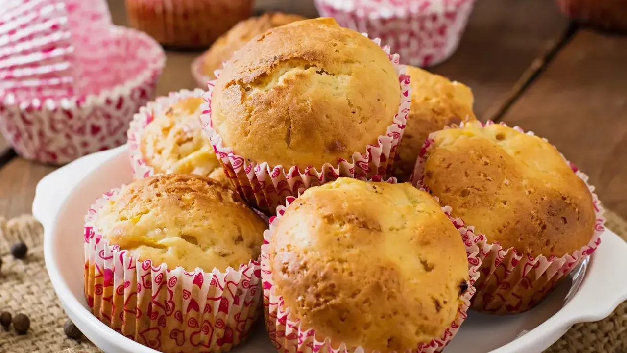 Pyszne muffinki z rabarbarem, pachnące wiosną, w papierowych foremkach z serduszkami.