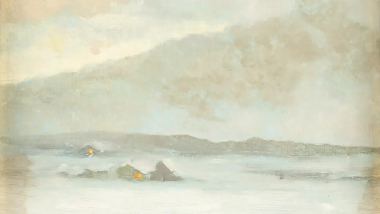 En dimmig vintersjö med snötäckta hus och varma ljus som lyser genom fernissa oljemålning.