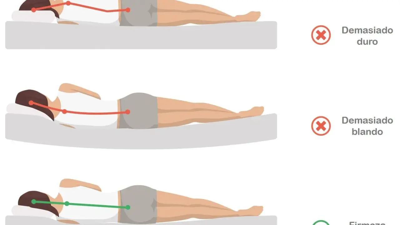 ¿Por qué me duele la espalda en la cama? Colchón demasiado duro o blando causa mala postura. Firmeza correcta para dormir bien.