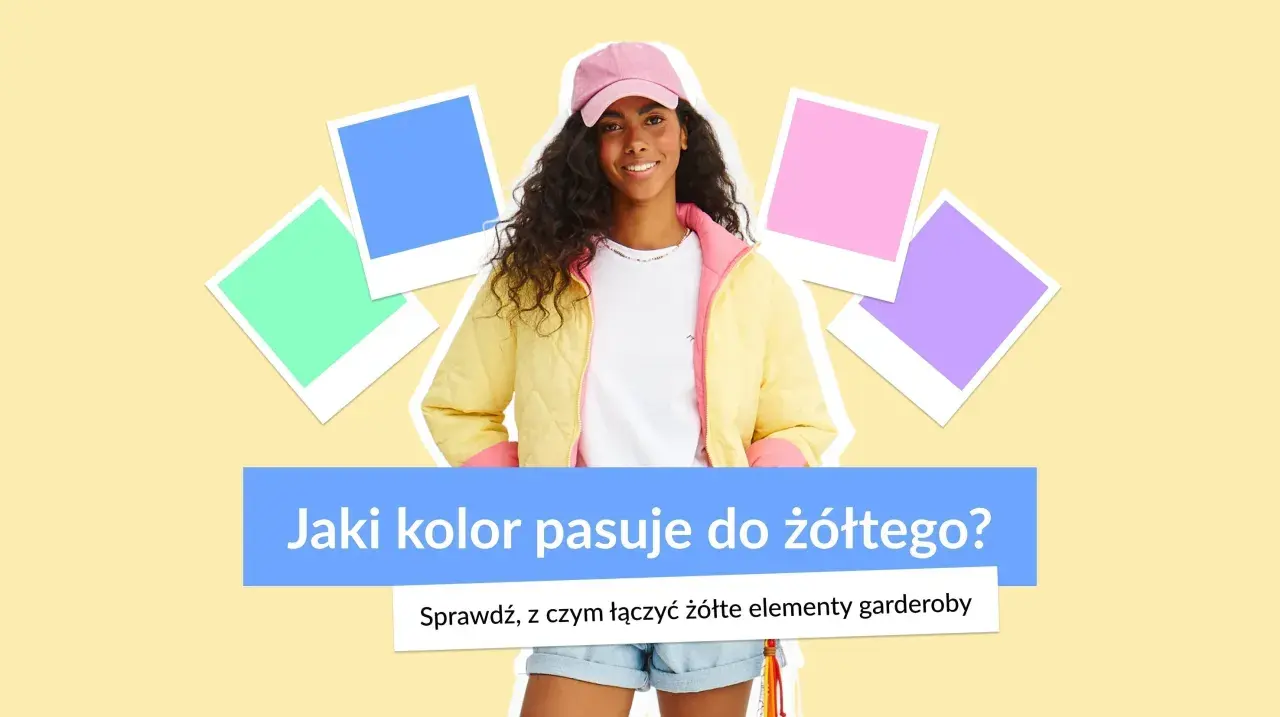 Uśmiechnięta dziewczyna w żółtej kurtce i różowej czapce. Obok kolorowe kwadraty. Jaki kolor pasuje do złotego? Sprawdź, z czym łączyć żółte elementy garderoby.