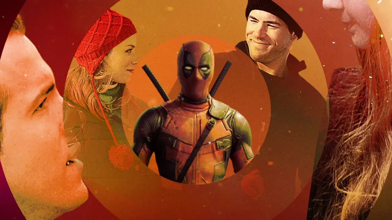 En montage av filmer med Ryan Reynolds, med Deadpool i centrum, omgiven av scener från hans andra filmer.