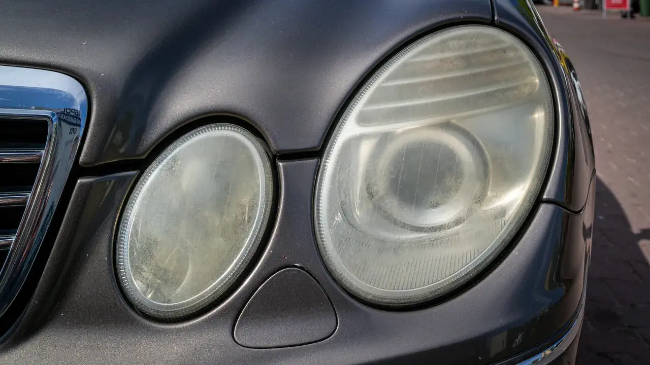 Zmatowiałe lampy samochodu, które wymagają polerowania. Zastanawiasz się, ile kosztuje polerowanie lamp?