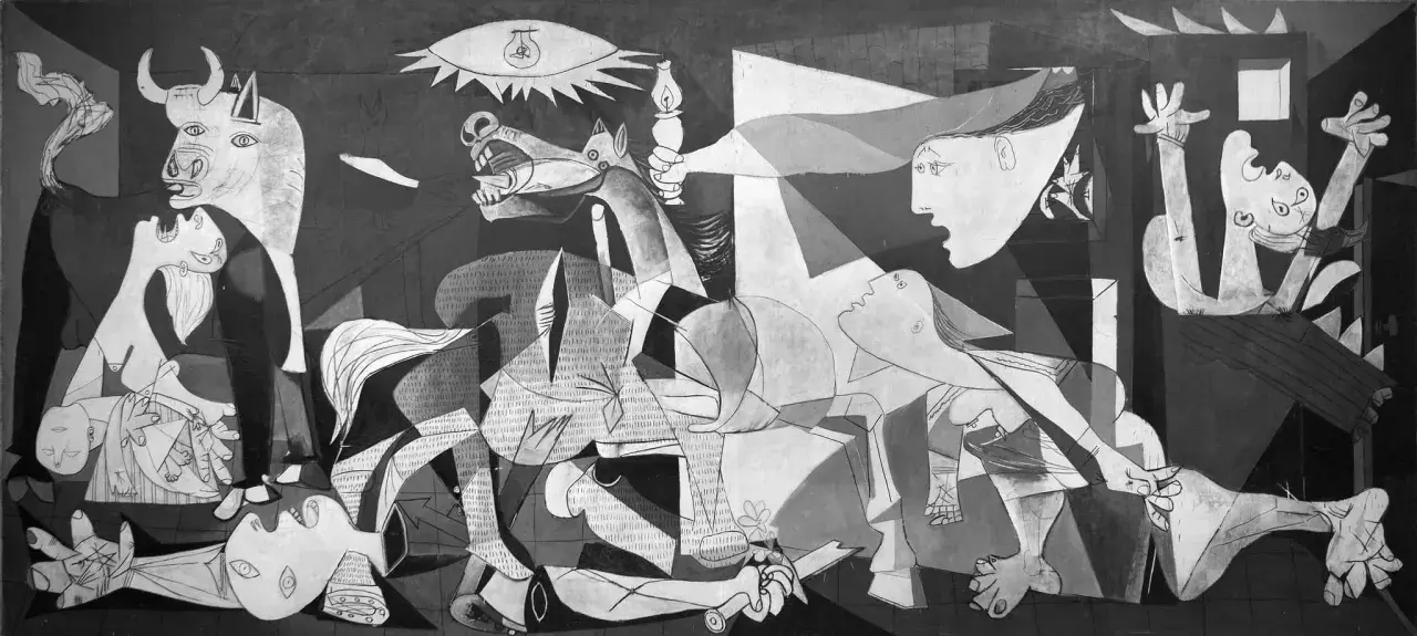 Picasso's Guernica, a powerful and controversial art piece, depicts the horrors of war with a bull, a screaming horse, and anguished figures.
