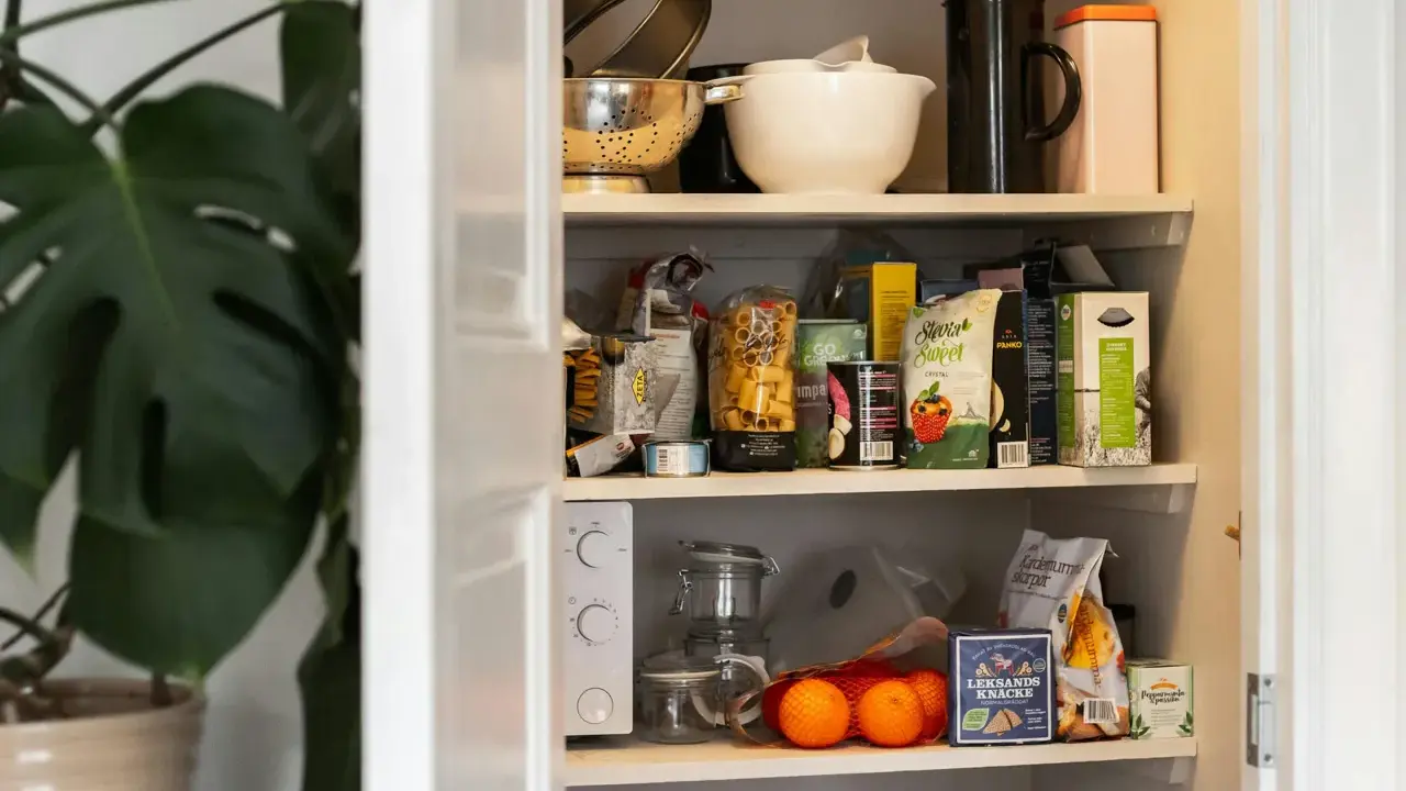 Härligt att gå in i skafferi! Fullt med pasta, kex, kryddor och bakgrejer. En Monstera trivs också här.