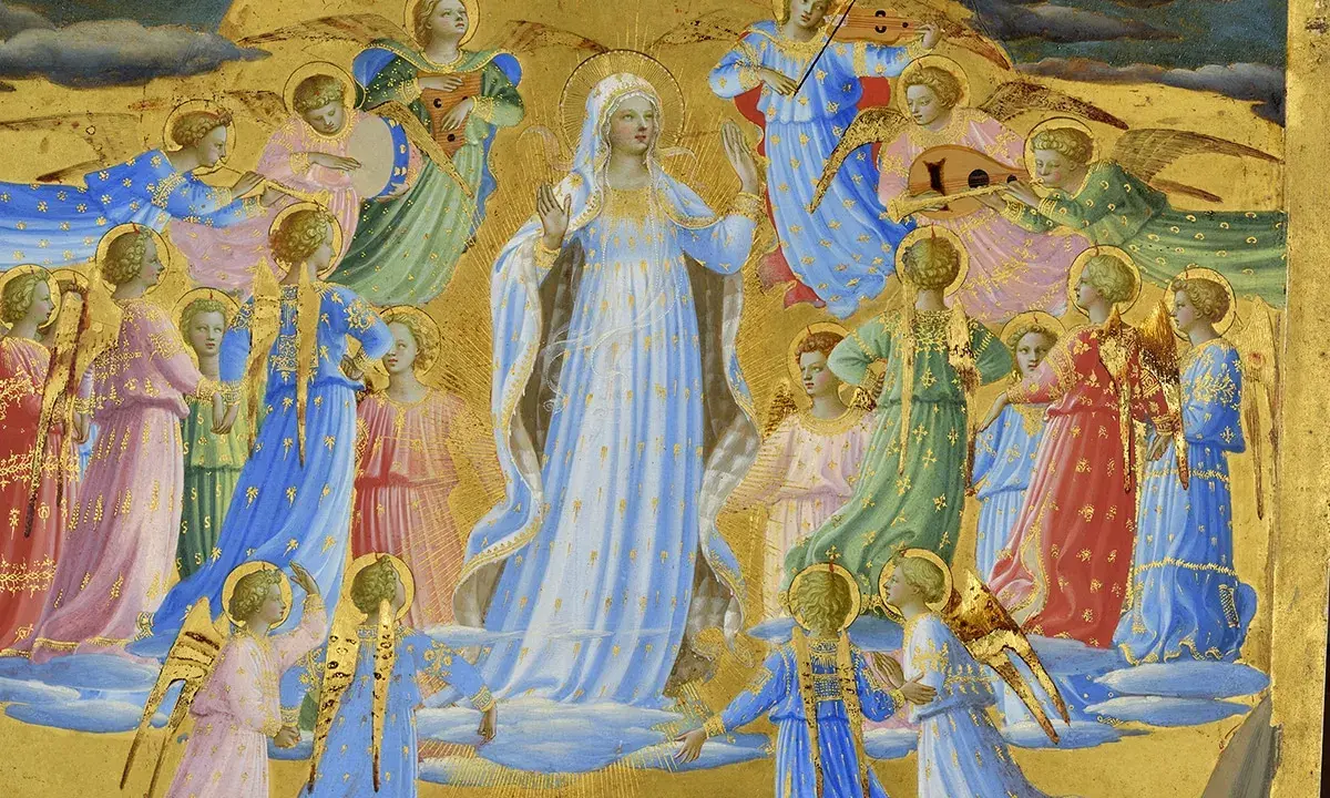 Tableau assomption de la vierge. La Vierge Marie, entourée d'anges musiciens, s'élève vers le ciel dans une gloire dorée.